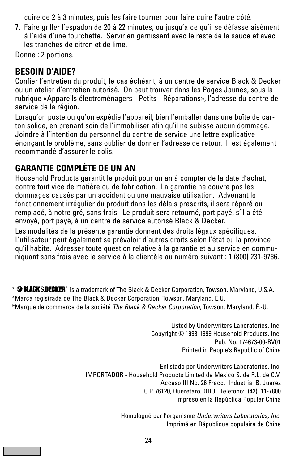 Besoin d’aide, Garantie complète de un an | Black & Decker IG100 User Manual | Page 24 / 24