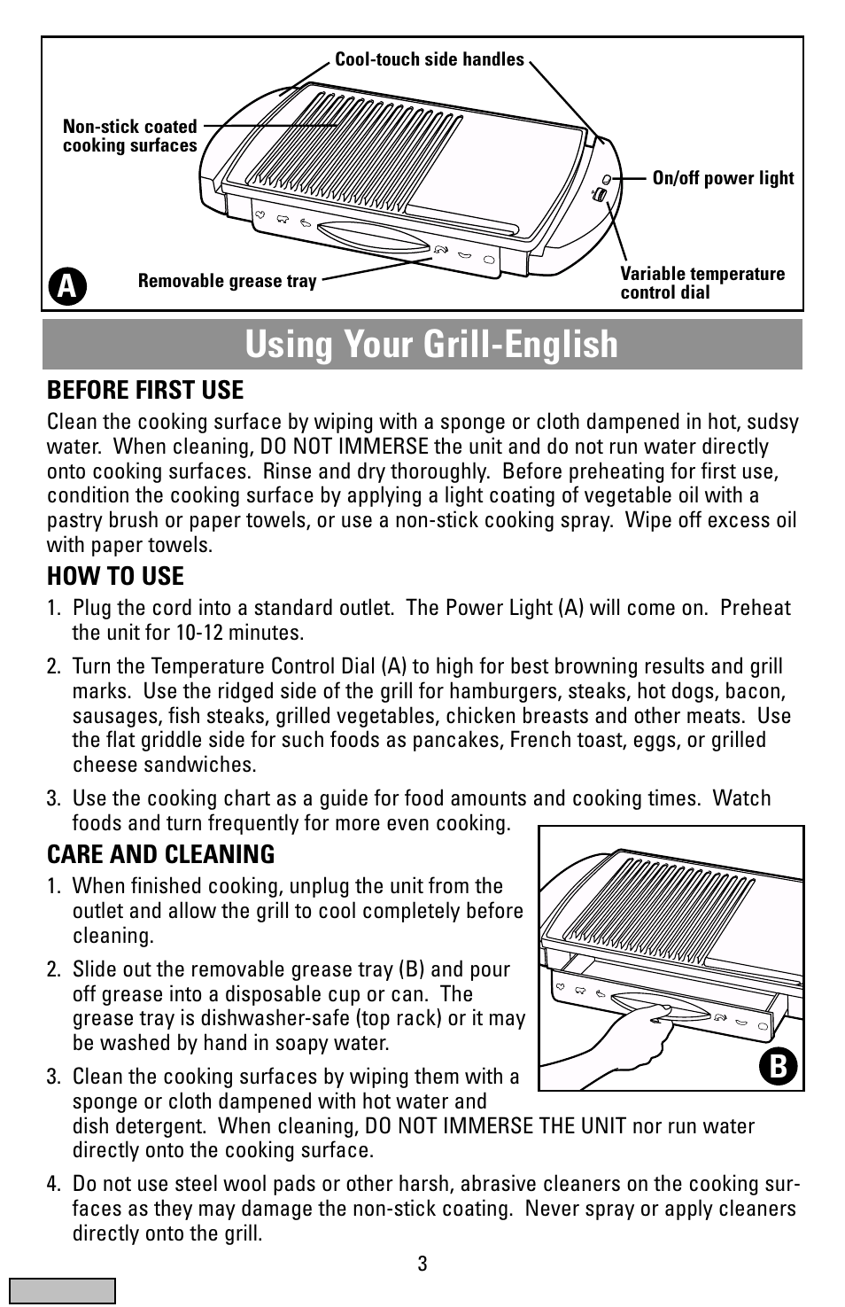 Before using, How to use, Care & cleaning | Using your grill-english | Black & Decker IG100 User Manual | Page 3 / 24