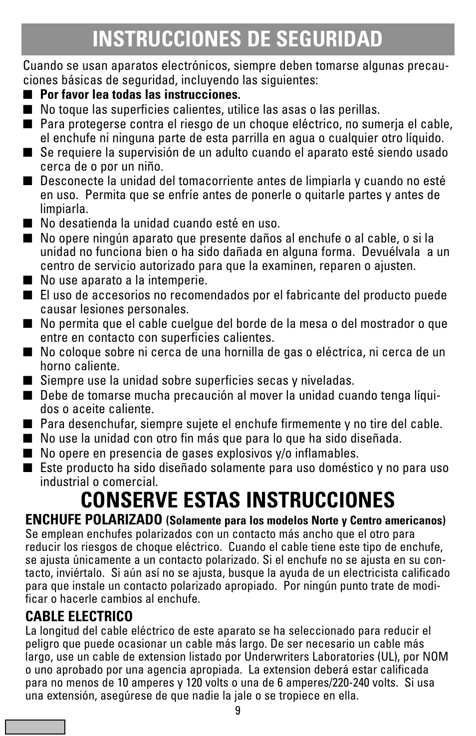 Instrucciones, Parrilla y plancha, Instrucciones de seguridad | Conserve estas instrucciones | Black & Decker IG100 User Manual | Page 9 / 24