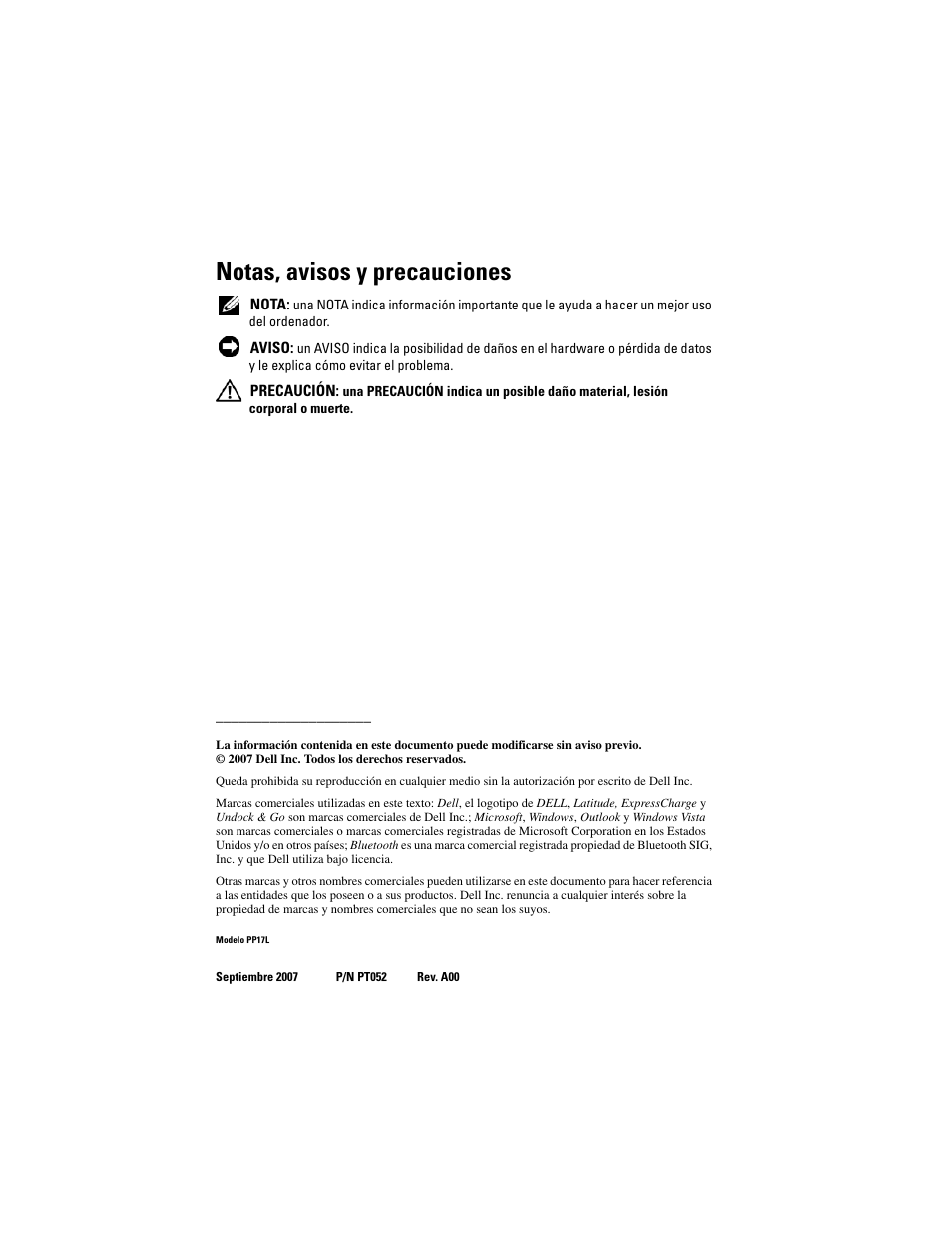 Notas, avisos y precauciones | Dell Latitude D530 (Early 2008) User Manual | Page 116 / 154