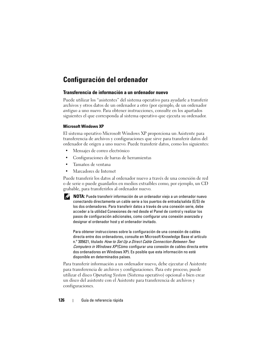 Configuración del ordenador, Transferencia de información a un ordenador nuevo | Dell Latitude D530 (Early 2008) User Manual | Page 126 / 154