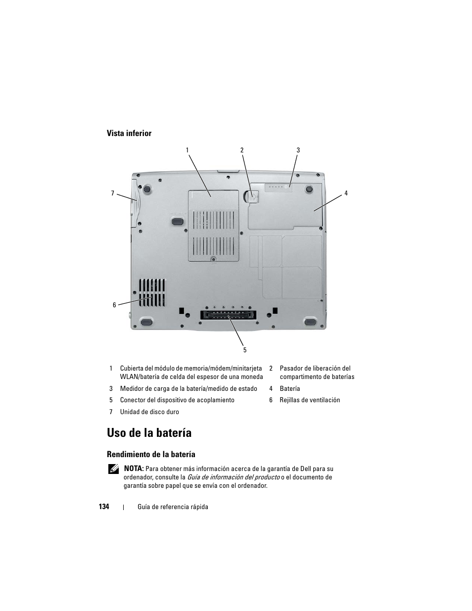Vista inferior, Uso de la batería, Rendimiento de la batería | Dell Latitude D530 (Early 2008) User Manual | Page 134 / 154