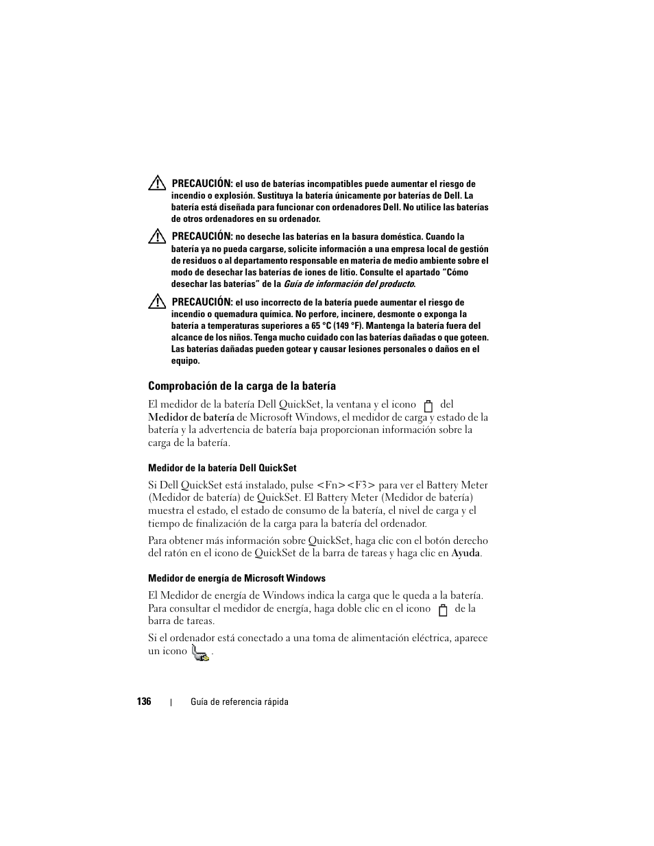 Comprobación de la carga de la batería | Dell Latitude D530 (Early 2008) User Manual | Page 136 / 154