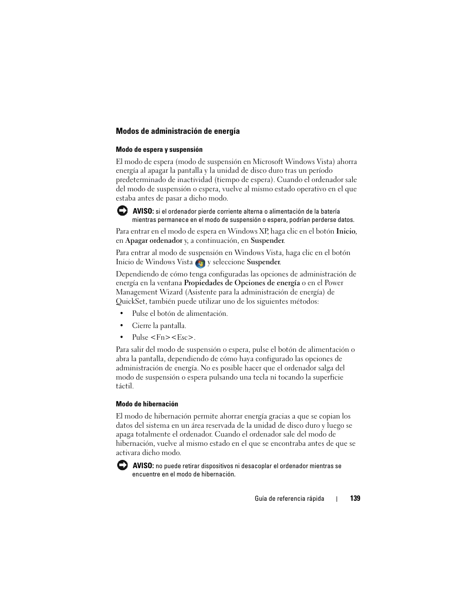 Modos de administración de energía | Dell Latitude D530 (Early 2008) User Manual | Page 139 / 154
