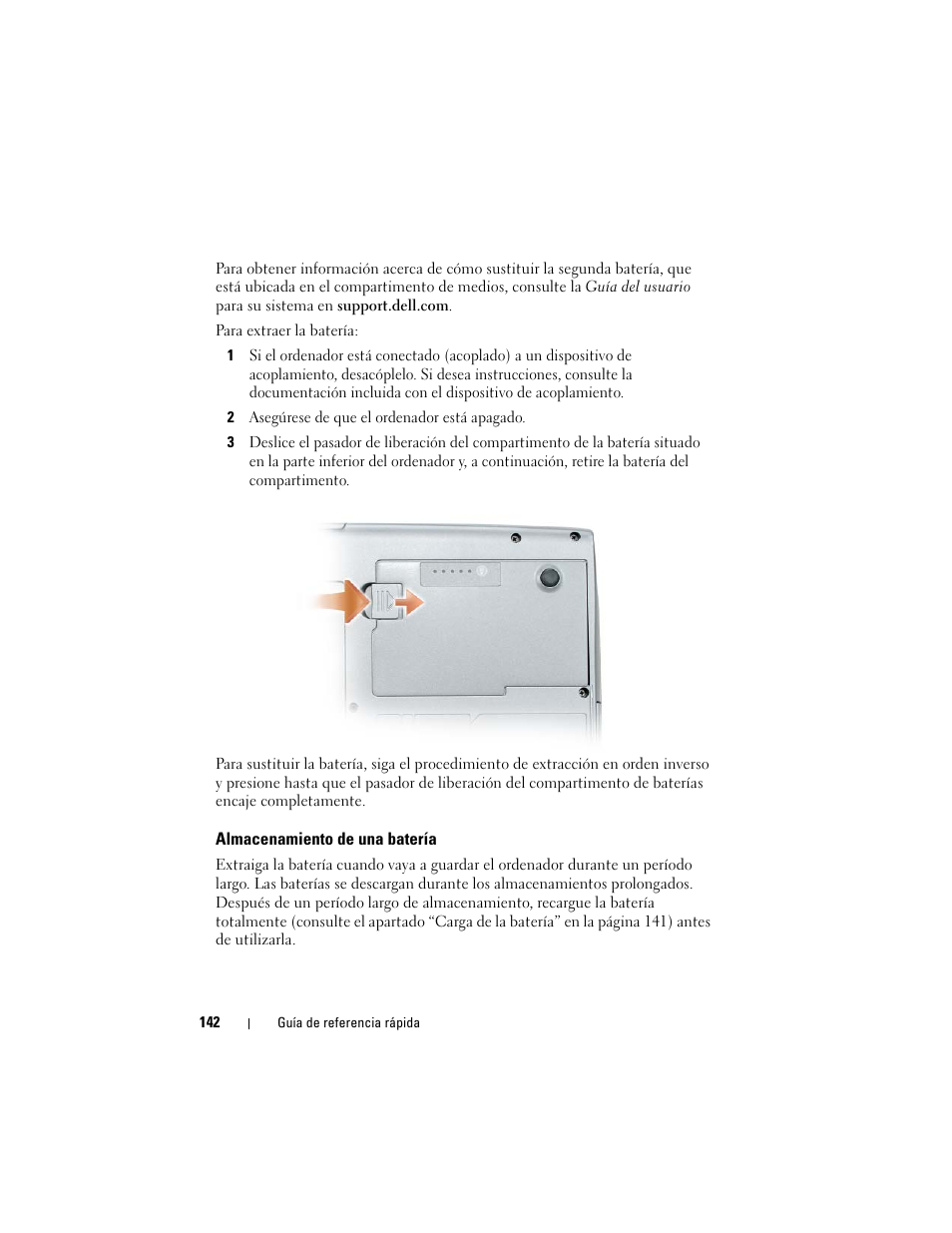Almacenamiento de una batería | Dell Latitude D530 (Early 2008) User Manual | Page 142 / 154