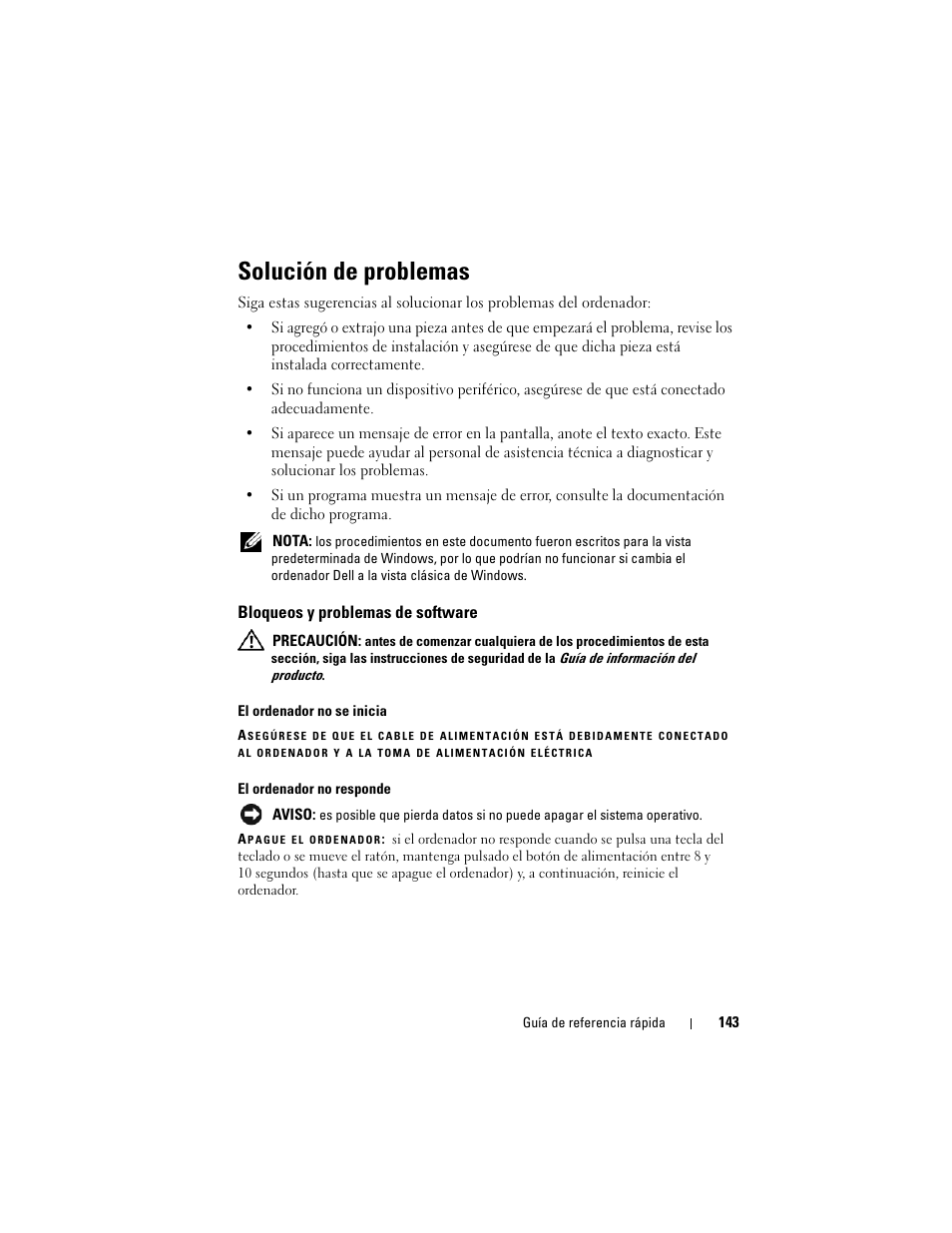 Solución de problemas, Bloqueos y problemas de software | Dell Latitude D530 (Early 2008) User Manual | Page 143 / 154