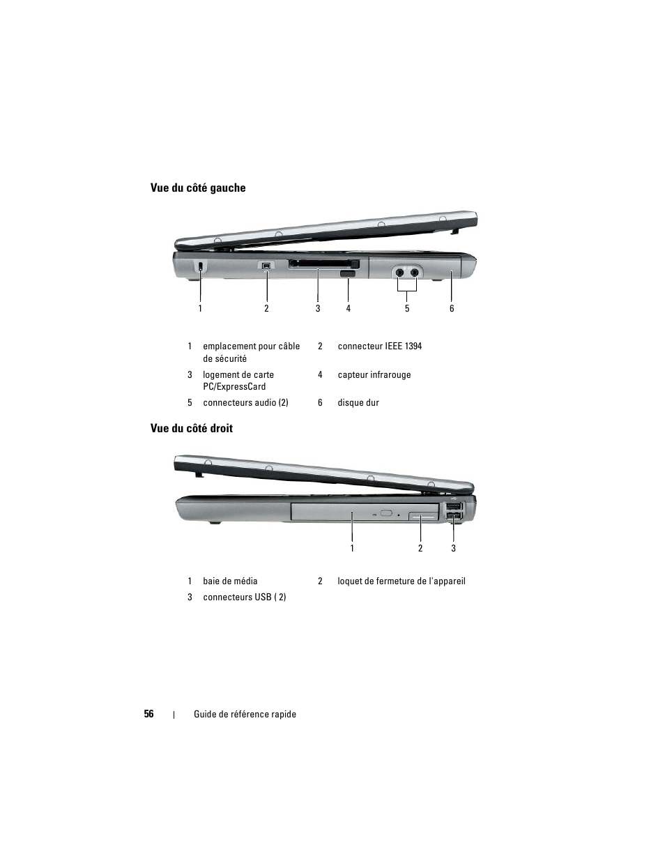 Vue du côté gauche, Vue du côté droit | Dell Latitude D530 (Early 2008) User Manual | Page 56 / 154