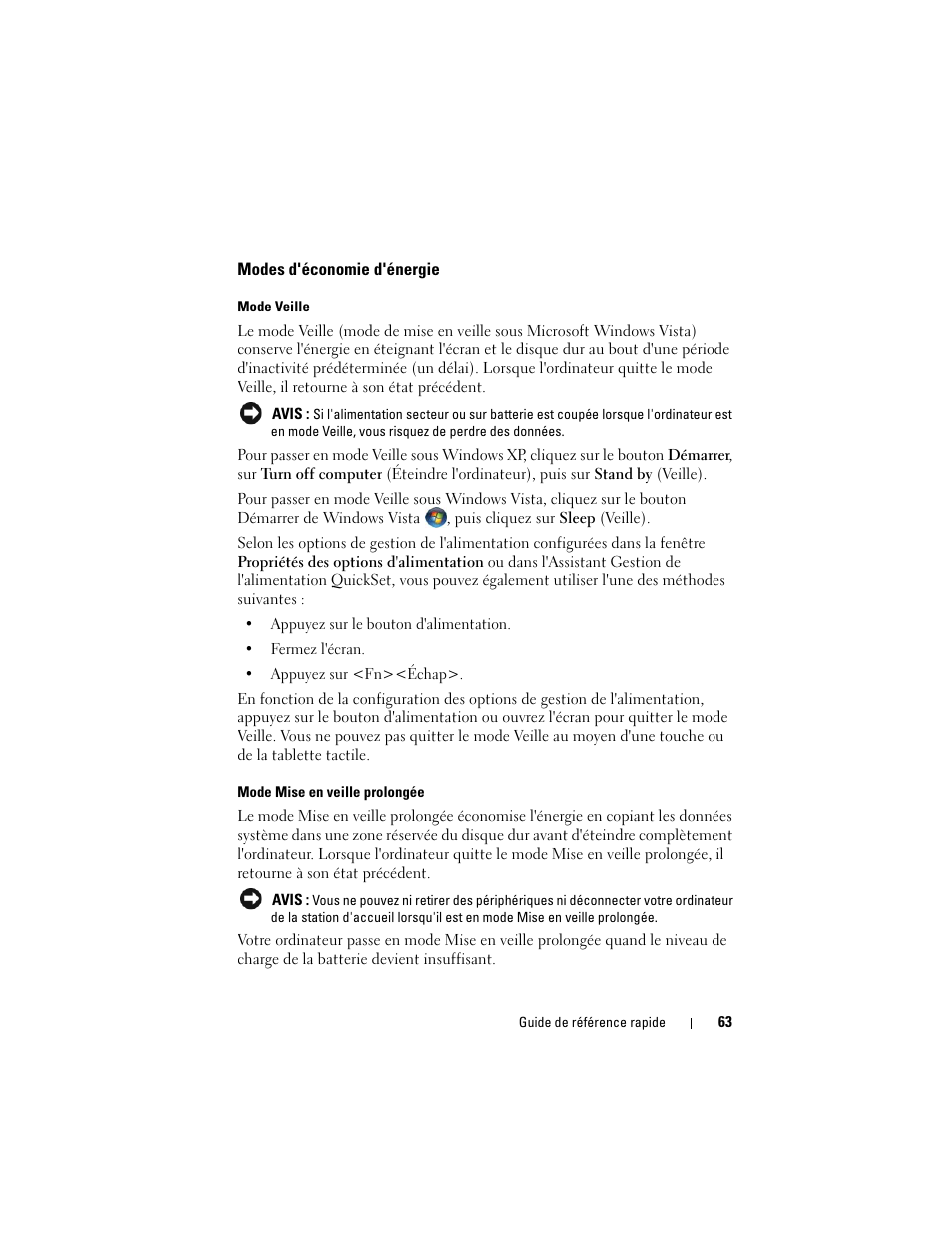 Modes d'économie d'énergie | Dell Latitude D530 (Early 2008) User Manual | Page 63 / 154