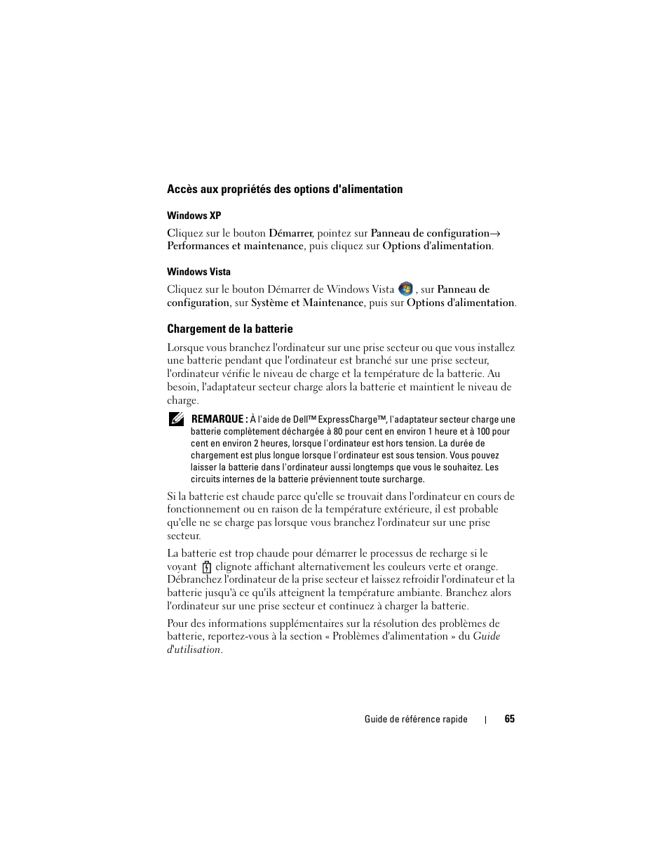 Accès aux propriétés des options d'alimentation, Chargement de la batterie | Dell Latitude D530 (Early 2008) User Manual | Page 65 / 154