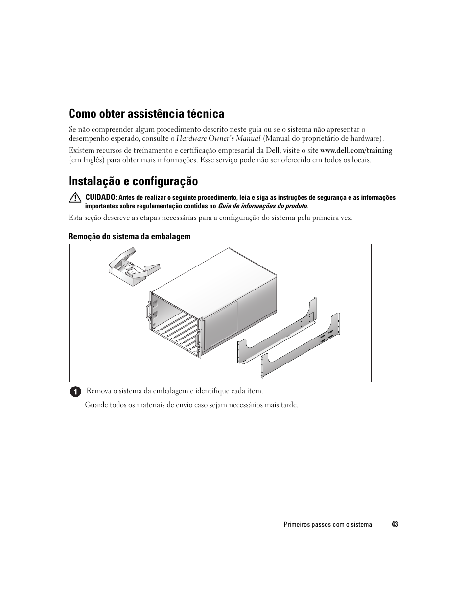 Como obter assistência técnica, Instalação e configuração, Remoção do sistema da embalagem | Dell POWEREDGE 1955 User Manual | Page 45 / 74