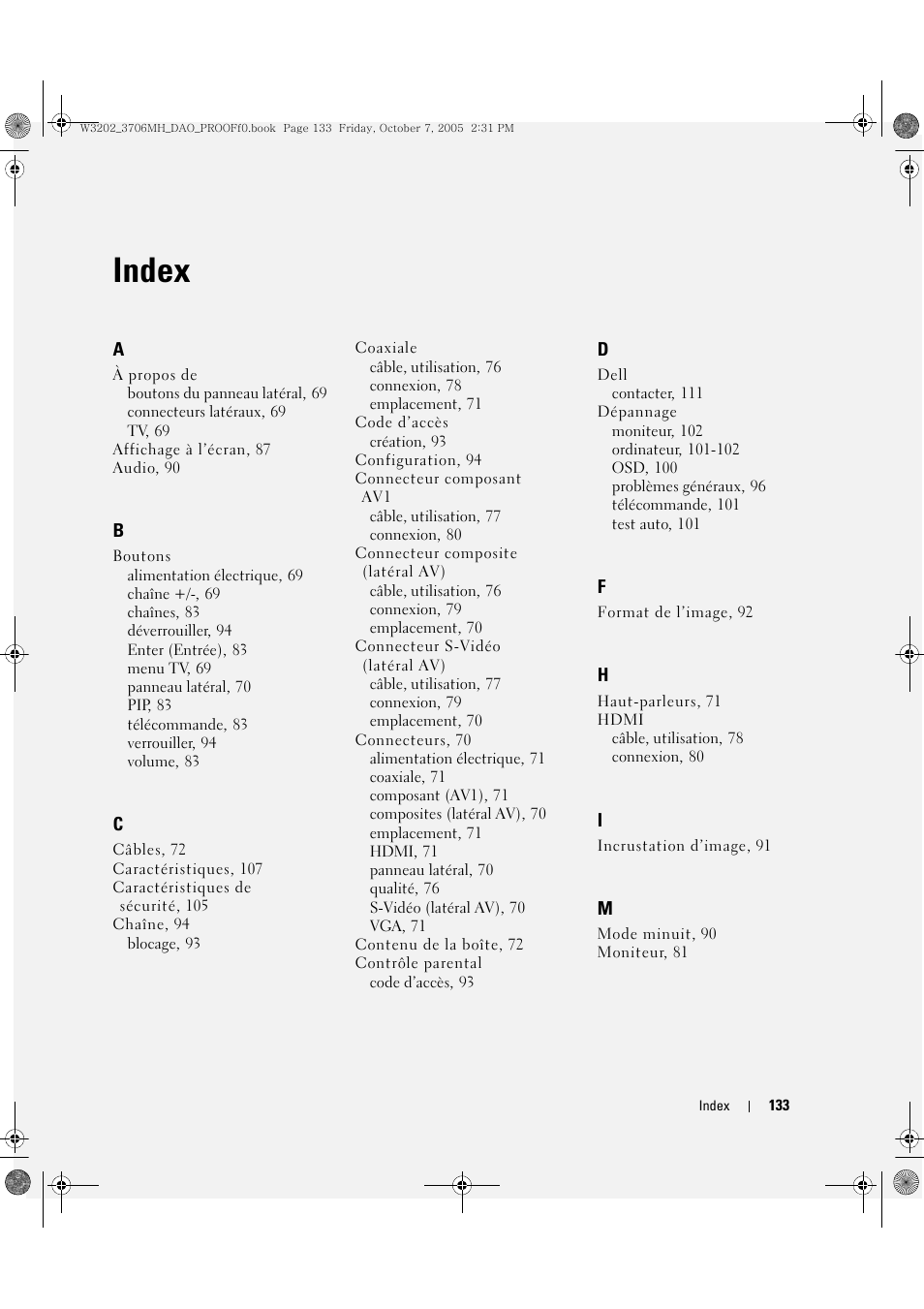 Index | Dell LCD TV W3202MJ User Manual | Page 133 / 204