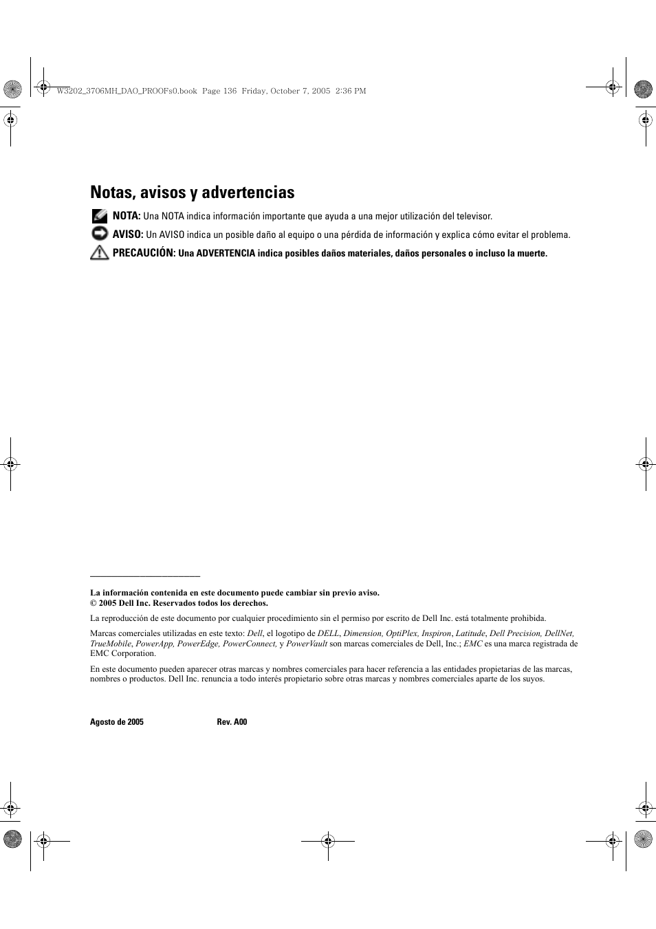 Notas, avisos y advertencias | Dell LCD TV W3202MJ User Manual | Page 136 / 204