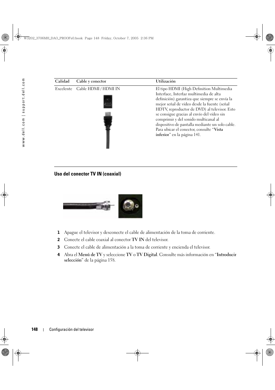 Uso del conector tv in (coaxial) | Dell LCD TV W3202MJ User Manual | Page 148 / 204