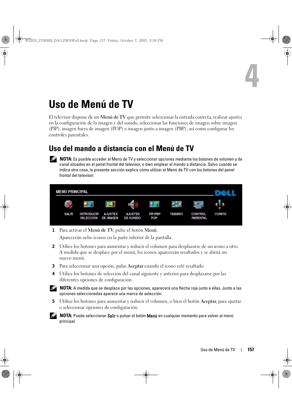 Uso de menú de tv, Uso del mando a distancia con el menú de tv, 4 uso de menú de tv | Dell LCD TV W3202MJ User Manual | Page 157 / 204
