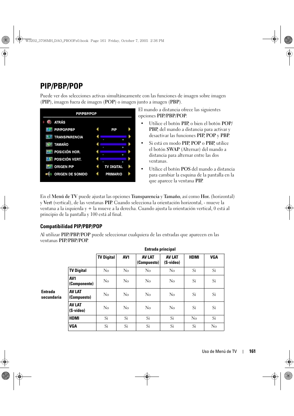 Pip/pbp/pop | Dell LCD TV W3202MJ User Manual | Page 161 / 204