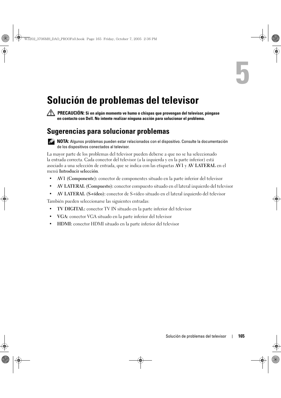 Solución de problemas del televisor, Sugerencias para solucionar problemas, 5 solución de problemas del televisor | Dell LCD TV W3202MJ User Manual | Page 165 / 204