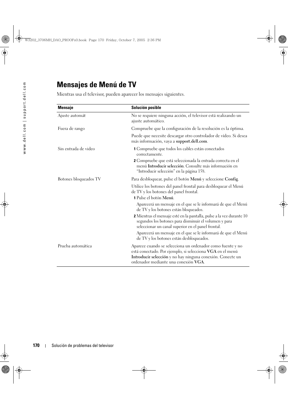 Mensajes de menú de tv | Dell LCD TV W3202MJ User Manual | Page 170 / 204