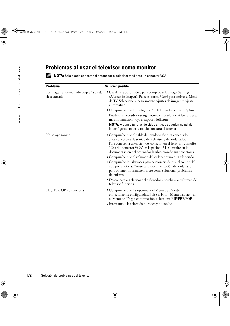 Problemas al usar el televisor como monitor | Dell LCD TV W3202MJ User Manual | Page 172 / 204