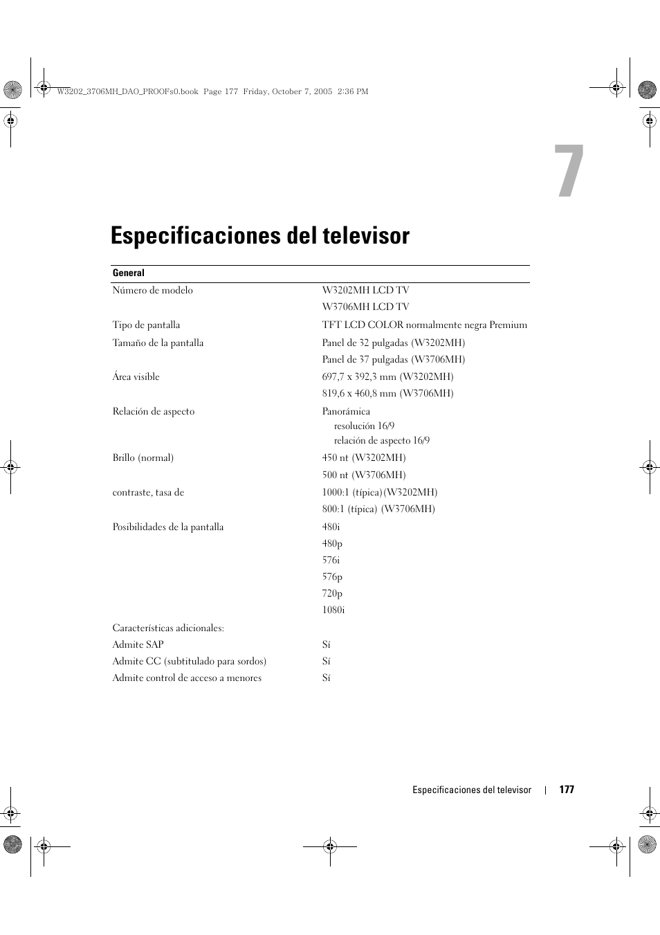 Especificaciones del televisor, 7 especificaciones del televisor | Dell LCD TV W3202MJ User Manual | Page 177 / 204