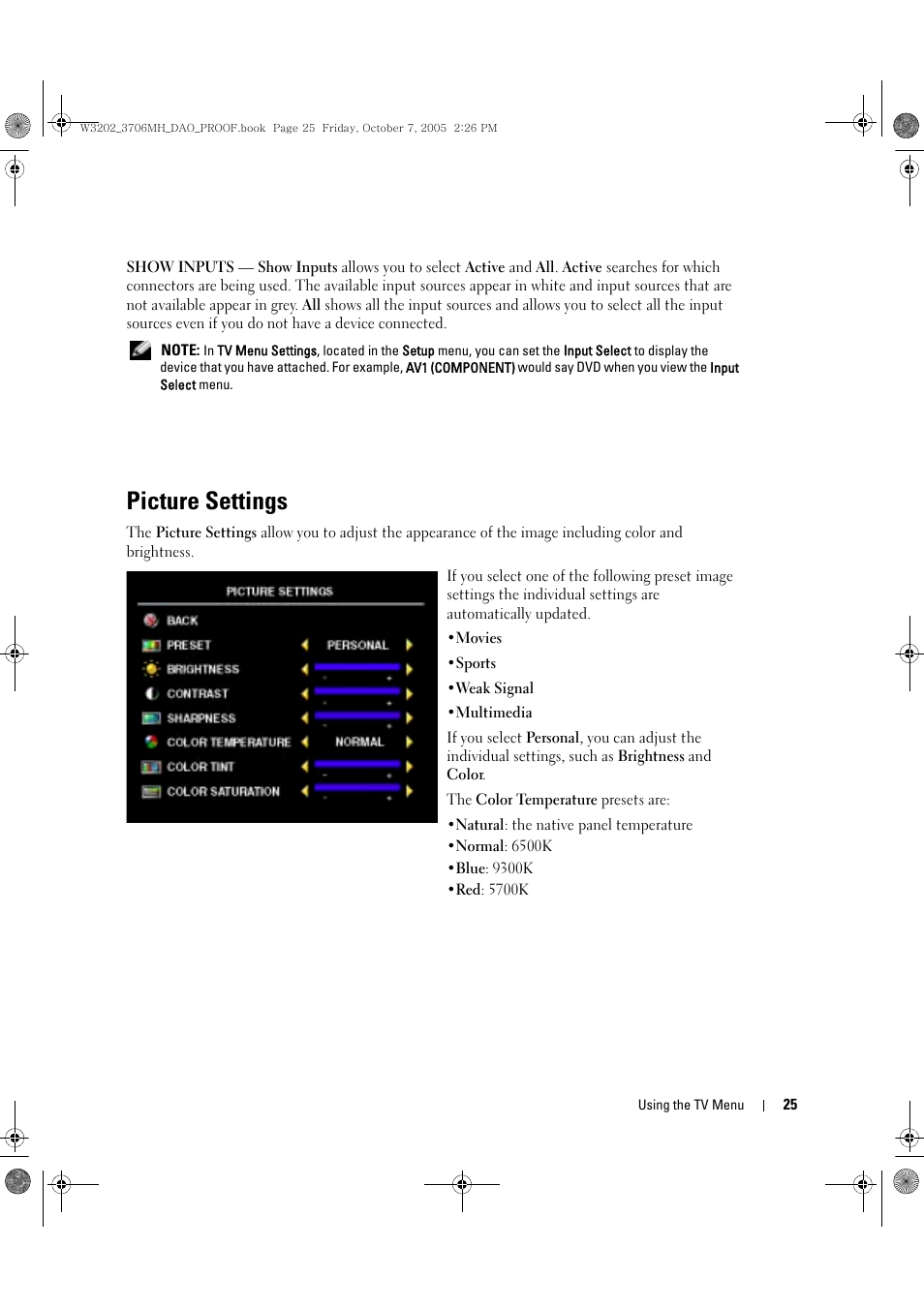Picture settings | Dell LCD TV W3202MJ User Manual | Page 25 / 204