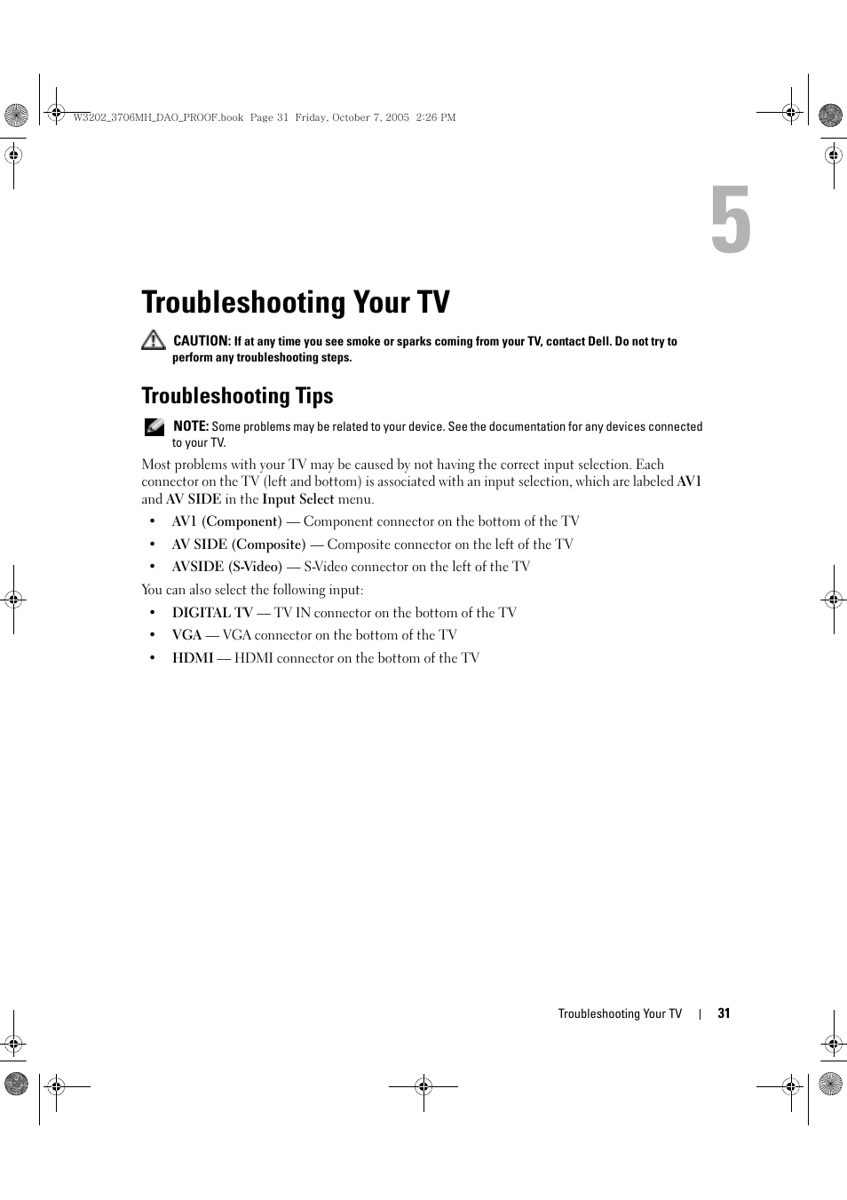 Troubleshooting your tv, Troubleshooting tips, 5 troubleshooting your tv | Dell LCD TV W3202MJ User Manual | Page 31 / 204