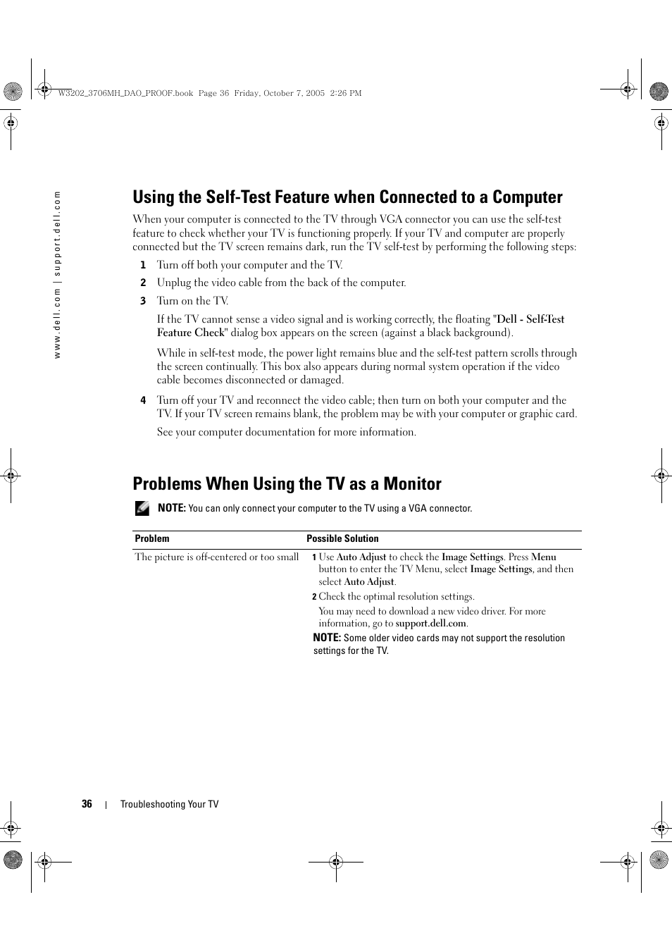 Problems when using the tv as a monitor | Dell LCD TV W3202MJ User Manual | Page 36 / 204