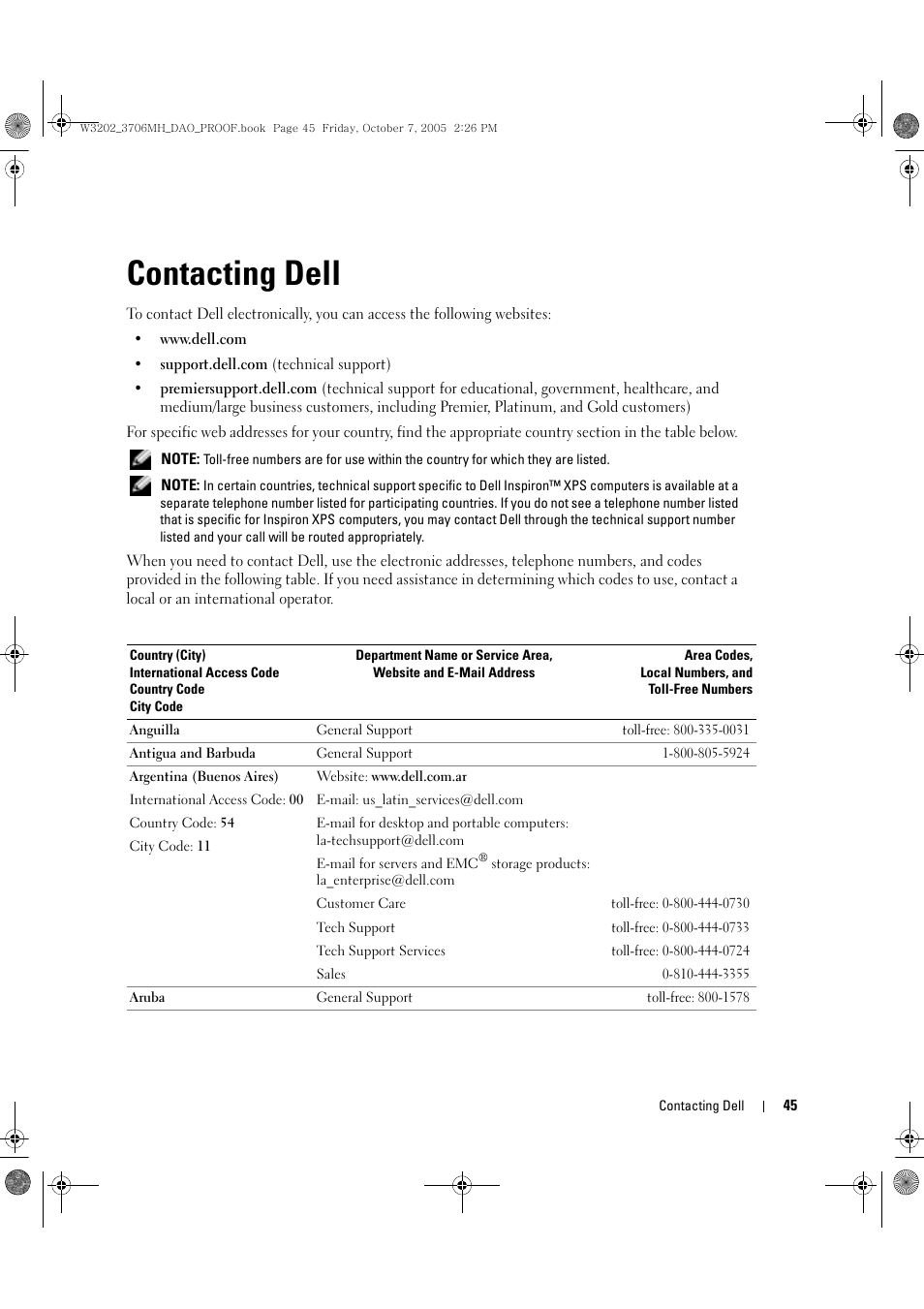 Contacting dell | Dell LCD TV W3202MJ User Manual | Page 45 / 204