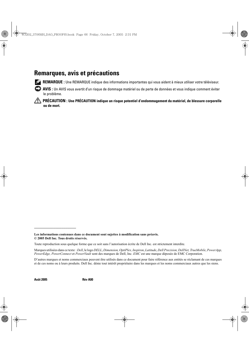 Remarques, avis et précautions | Dell LCD TV W3202MJ User Manual | Page 66 / 204