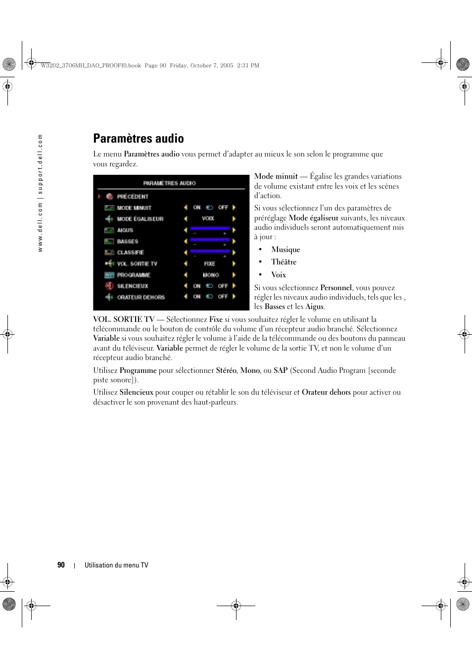 Paramètres audio | Dell LCD TV W3202MJ User Manual | Page 90 / 204