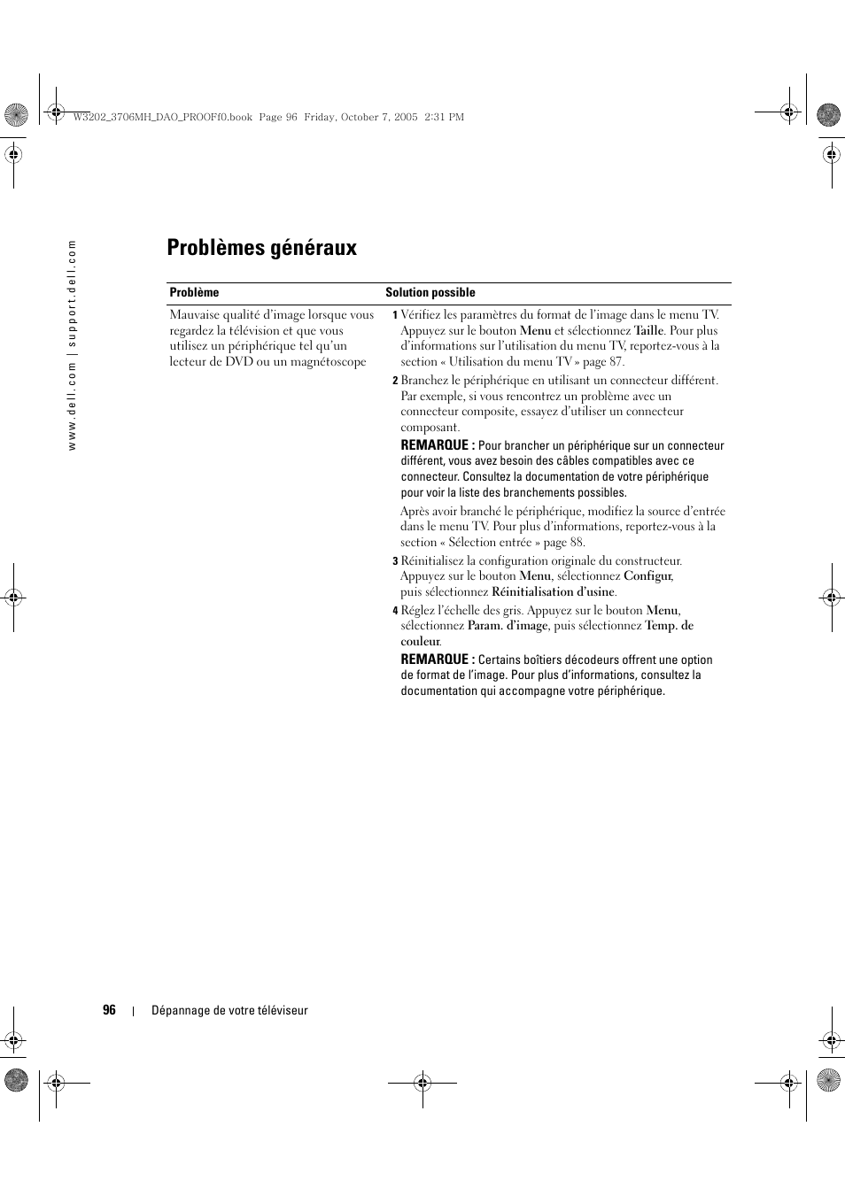 Problèmes généraux | Dell LCD TV W3202MJ User Manual | Page 96 / 204
