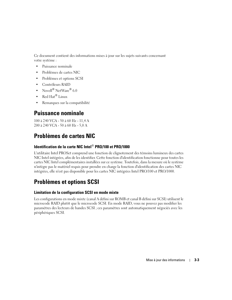 Puissance nominale, Problèmes de cartes nic, Problèmes et options scsi | Limitation de la configuration scsi en mode mixte | Dell PowerEdge 2600 User Manual | Page 17 / 52