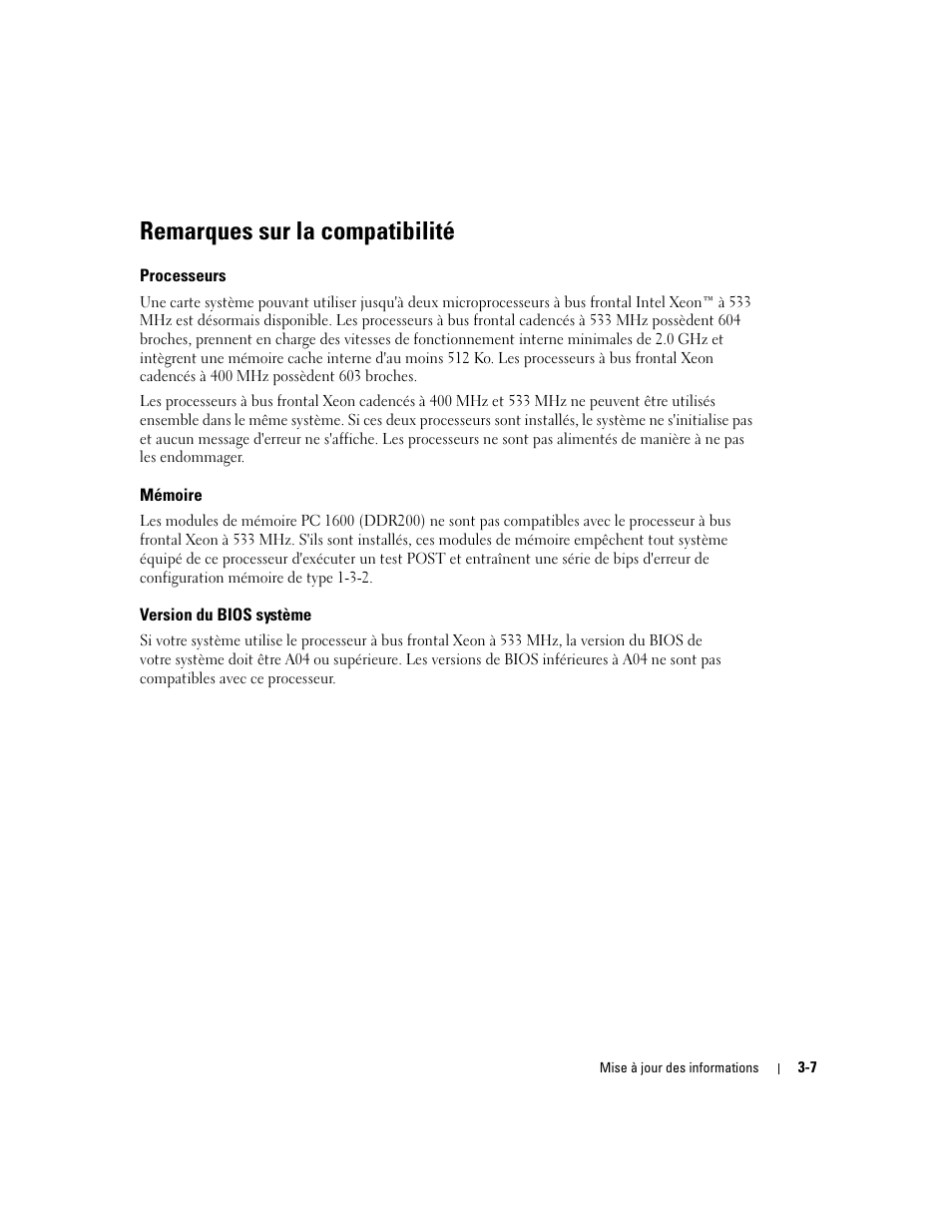 Remarques sur la compatibilité, Processeurs, Mémoire | Version du bios système | Dell PowerEdge 2600 User Manual | Page 21 / 52