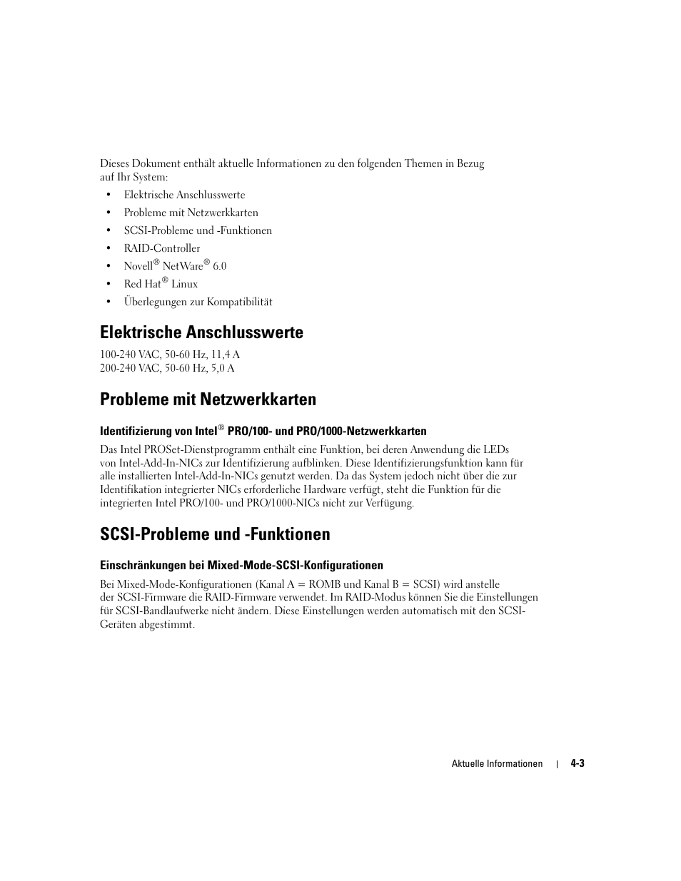 Elektrische anschlusswerte, Probleme mit netzwerkkarten, Scsi-probleme und -funktionen | Dell PowerEdge 2600 User Manual | Page 25 / 52