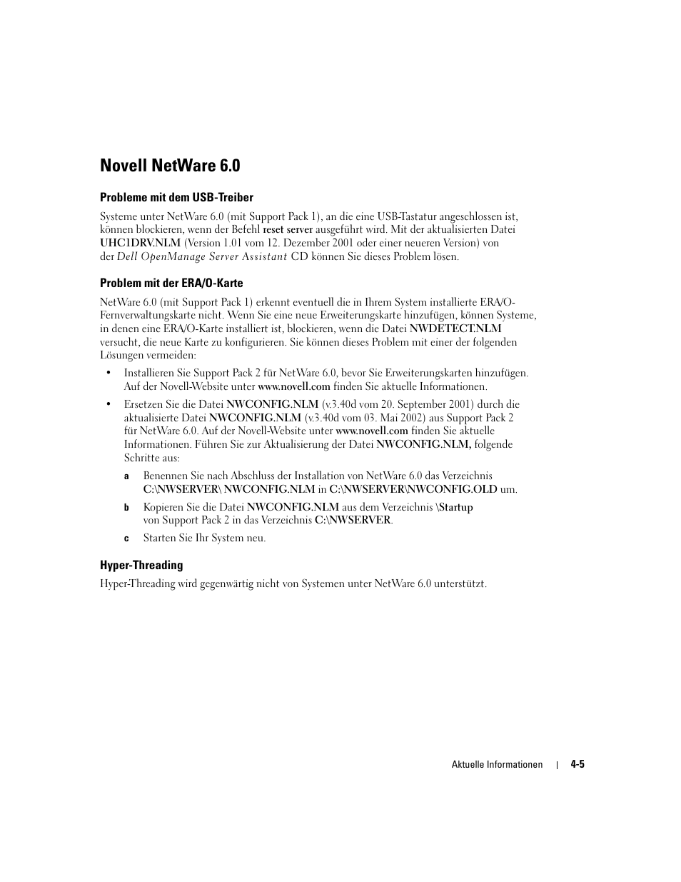 Novell netware 6.0, Probleme mit dem usb-treiber, Problem mit der era/o-karte | Hyper-threading | Dell PowerEdge 2600 User Manual | Page 27 / 52
