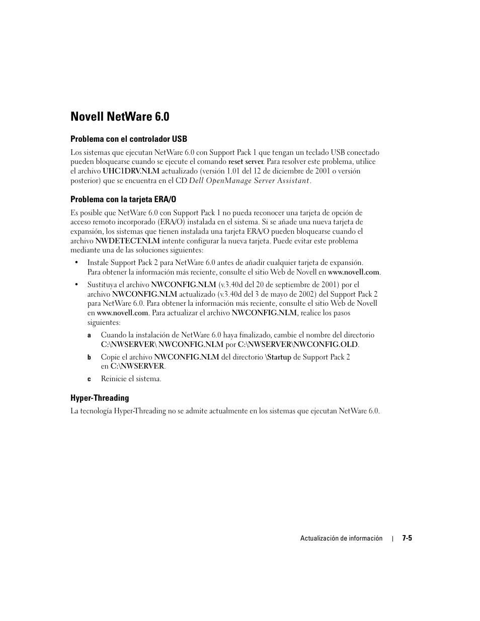 Novell netware 6.0, Problema con el controlador usb, Problema con la tarjeta era/o | Hyper-threading | Dell PowerEdge 2600 User Manual | Page 49 / 52