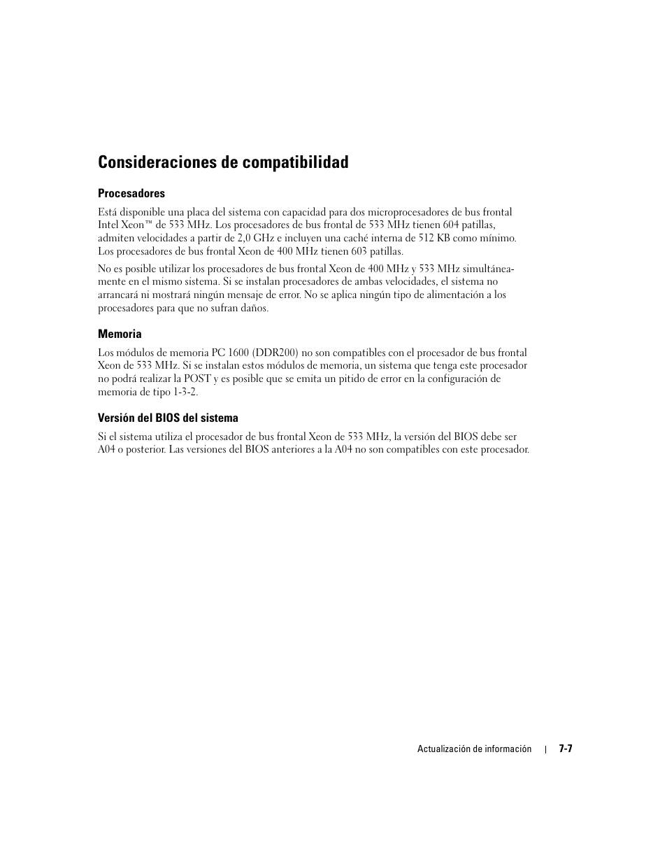 Consideraciones de compatibilidad, Procesadores, Memoria | Versión del bios del sistema | Dell PowerEdge 2600 User Manual | Page 51 / 52