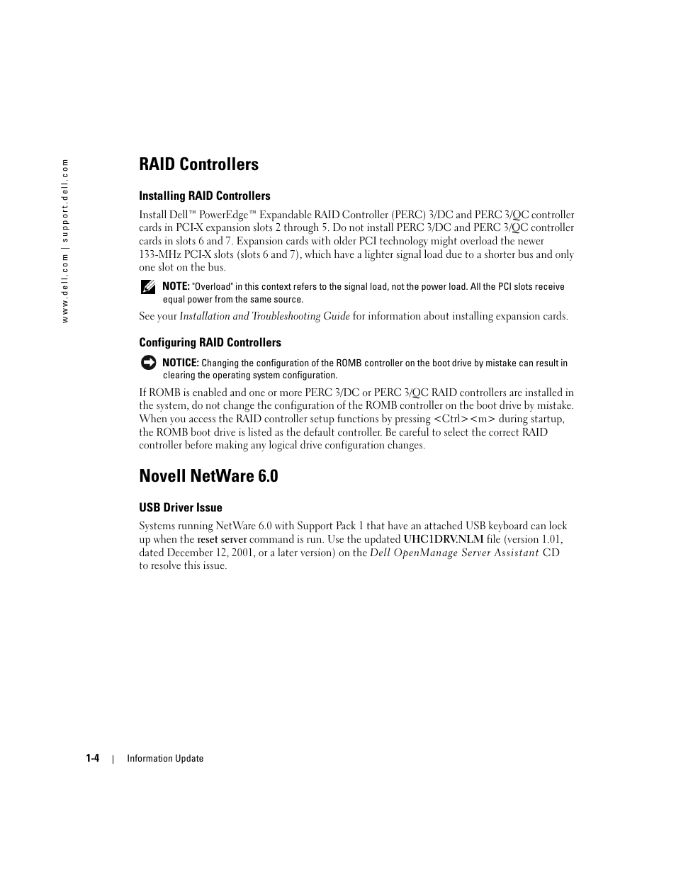 Raid controllers, Installing raid controllers, Configuring raid controllers | Novell netware 6.0, Usb driver issue | Dell PowerEdge 2600 User Manual | Page 6 / 52