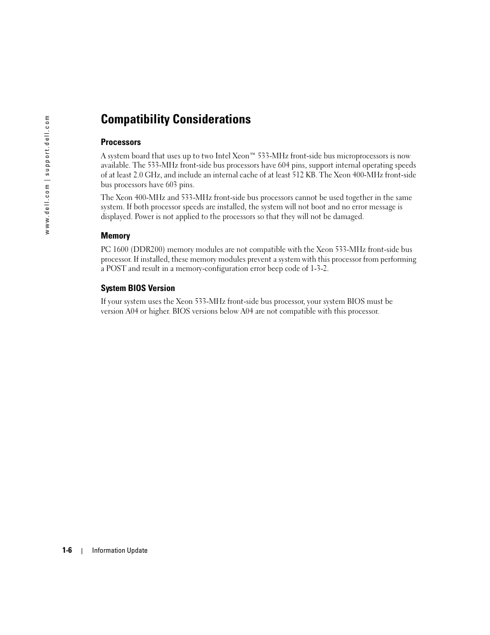 Compatibility considerations, Processors, Memory | System bios version | Dell PowerEdge 2600 User Manual | Page 8 / 52