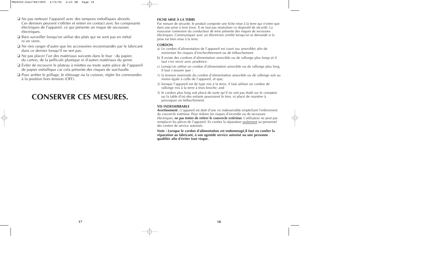 Conserver ces mesures | Black & Decker TRO5050 User Manual | Page 10 / 17