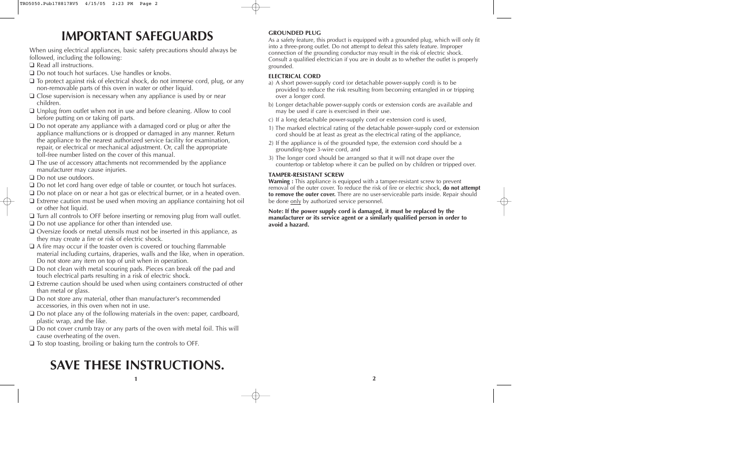 Important safeguards save these instructions | Black & Decker TRO5050 User Manual | Page 2 / 17