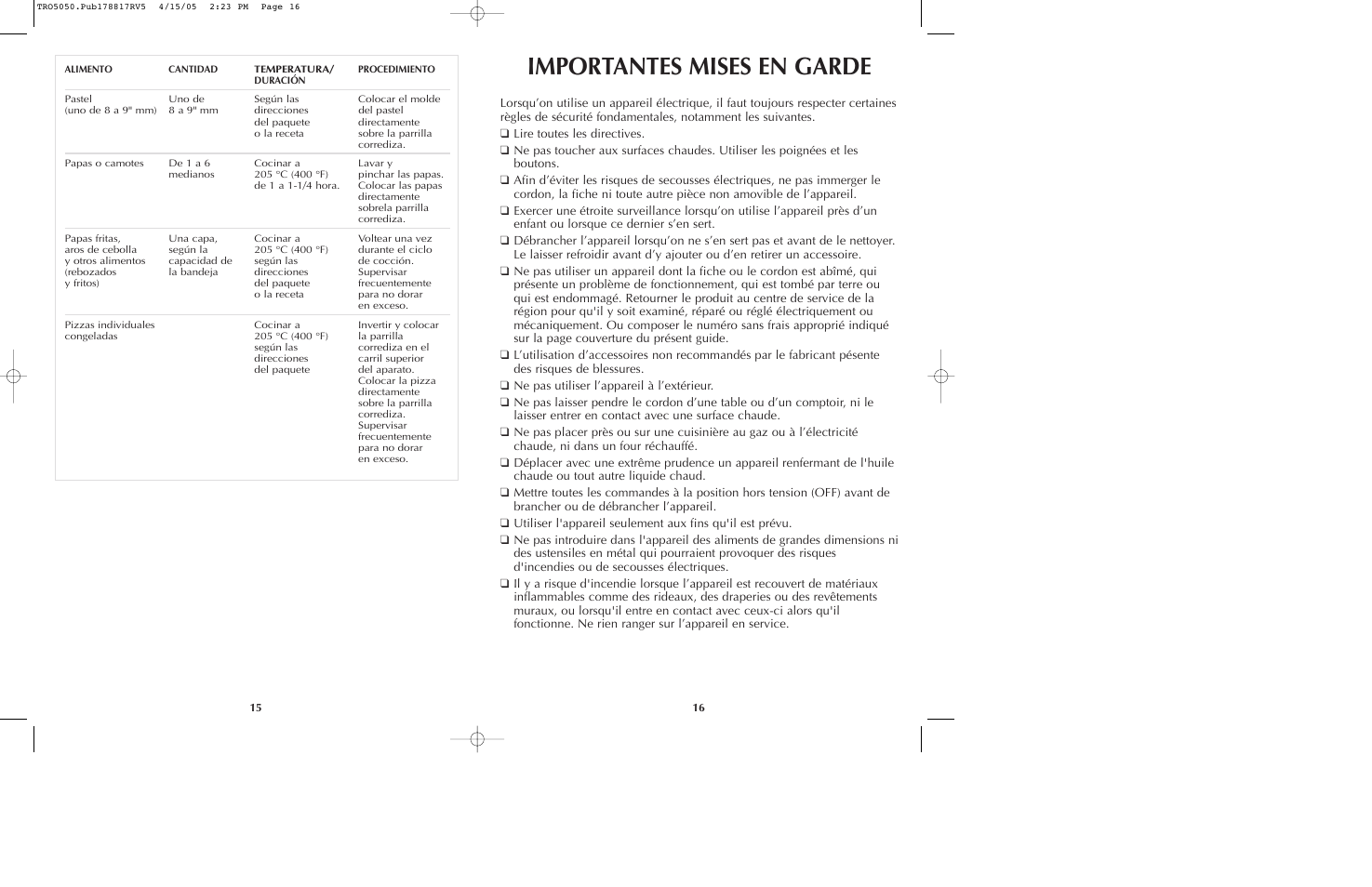 Importantes mises en garde | Black & Decker TRO5050 User Manual | Page 9 / 17