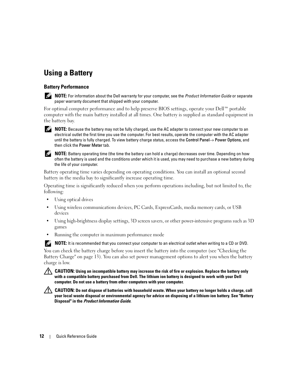 Using a battery, Battery performance | Dell Latitude D820 User Manual | Page 12 / 94