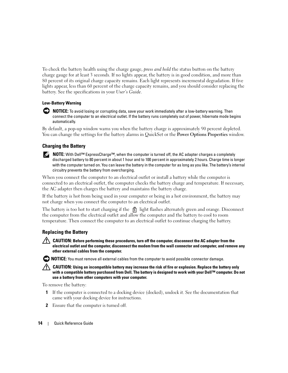 Charging the battery, Replacing the battery | Dell Latitude D820 User Manual | Page 14 / 94