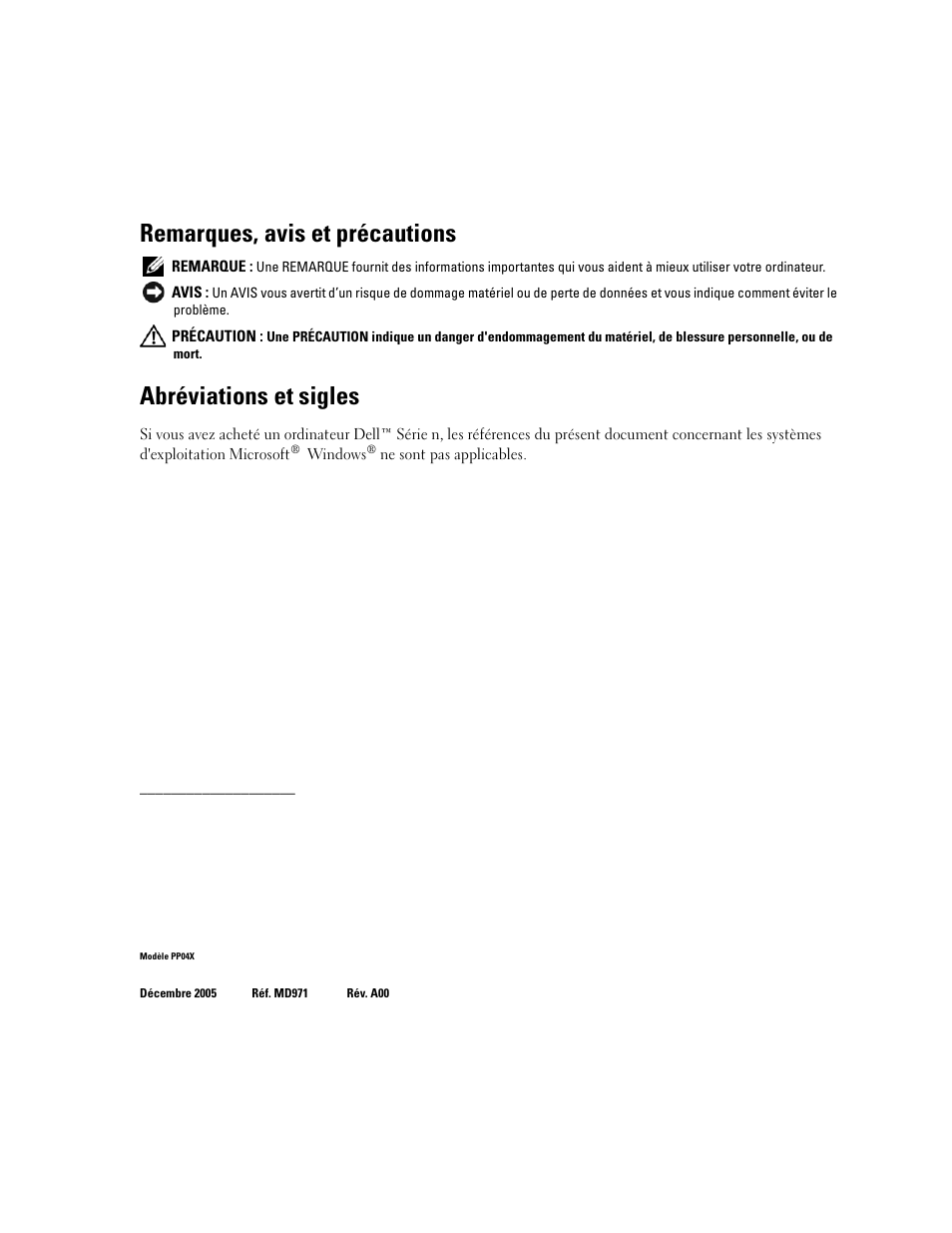 Remarques, avis et précautions, Abréviations et sigles | Dell Latitude D820 User Manual | Page 24 / 94