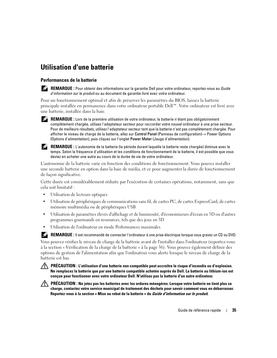 Utilisation d'une batterie, Performances de la batterie | Dell Latitude D820 User Manual | Page 35 / 94