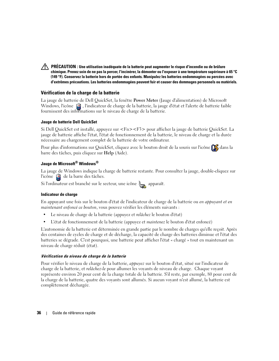 Vérification de la charge de la batterie | Dell Latitude D820 User Manual | Page 36 / 94