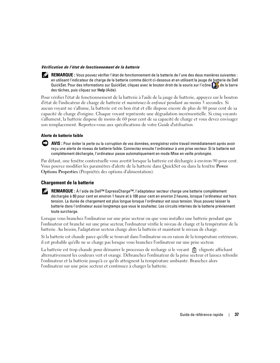 Chargement de la batterie | Dell Latitude D820 User Manual | Page 37 / 94