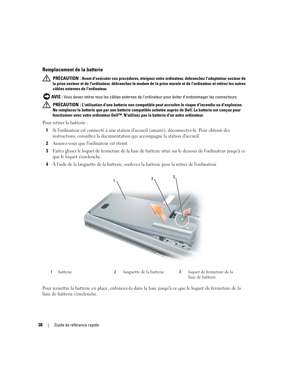 Remplacement de la batterie | Dell Latitude D820 User Manual | Page 38 / 94