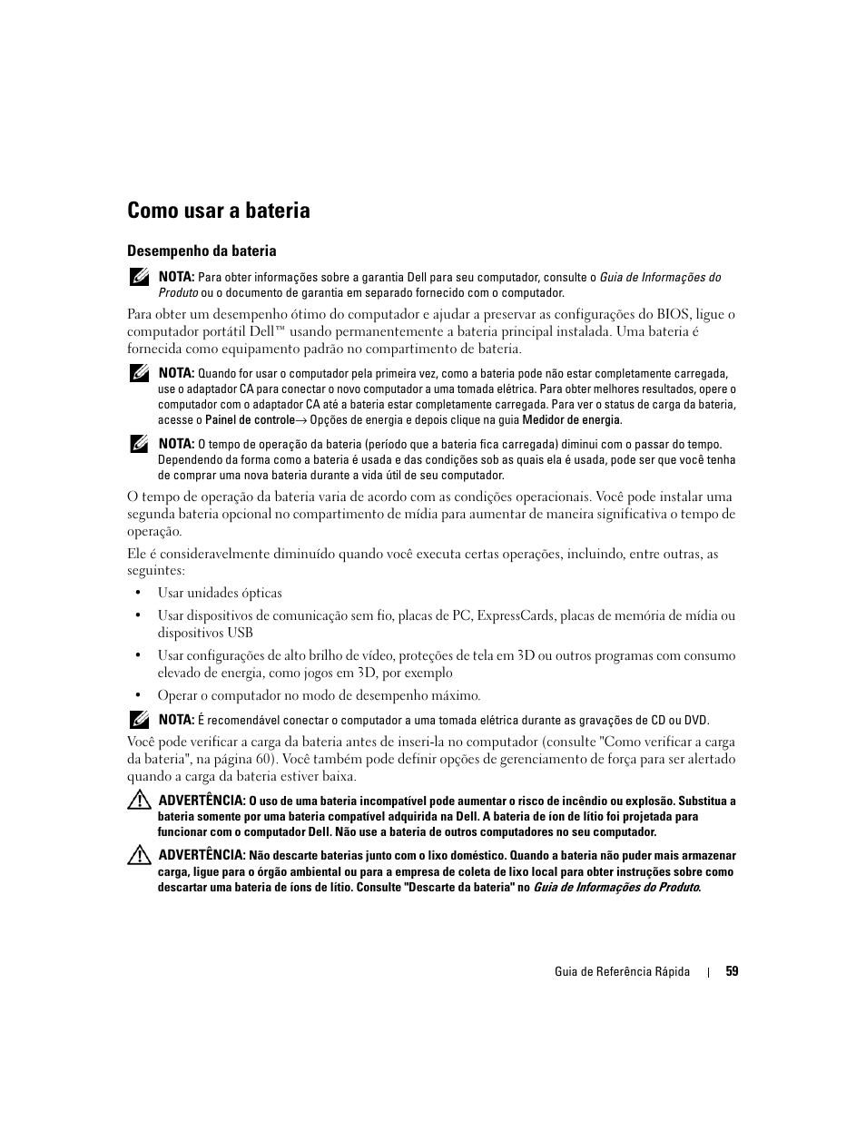 Como usar a bateria, Desempenho da bateria | Dell Latitude D820 User Manual | Page 59 / 94