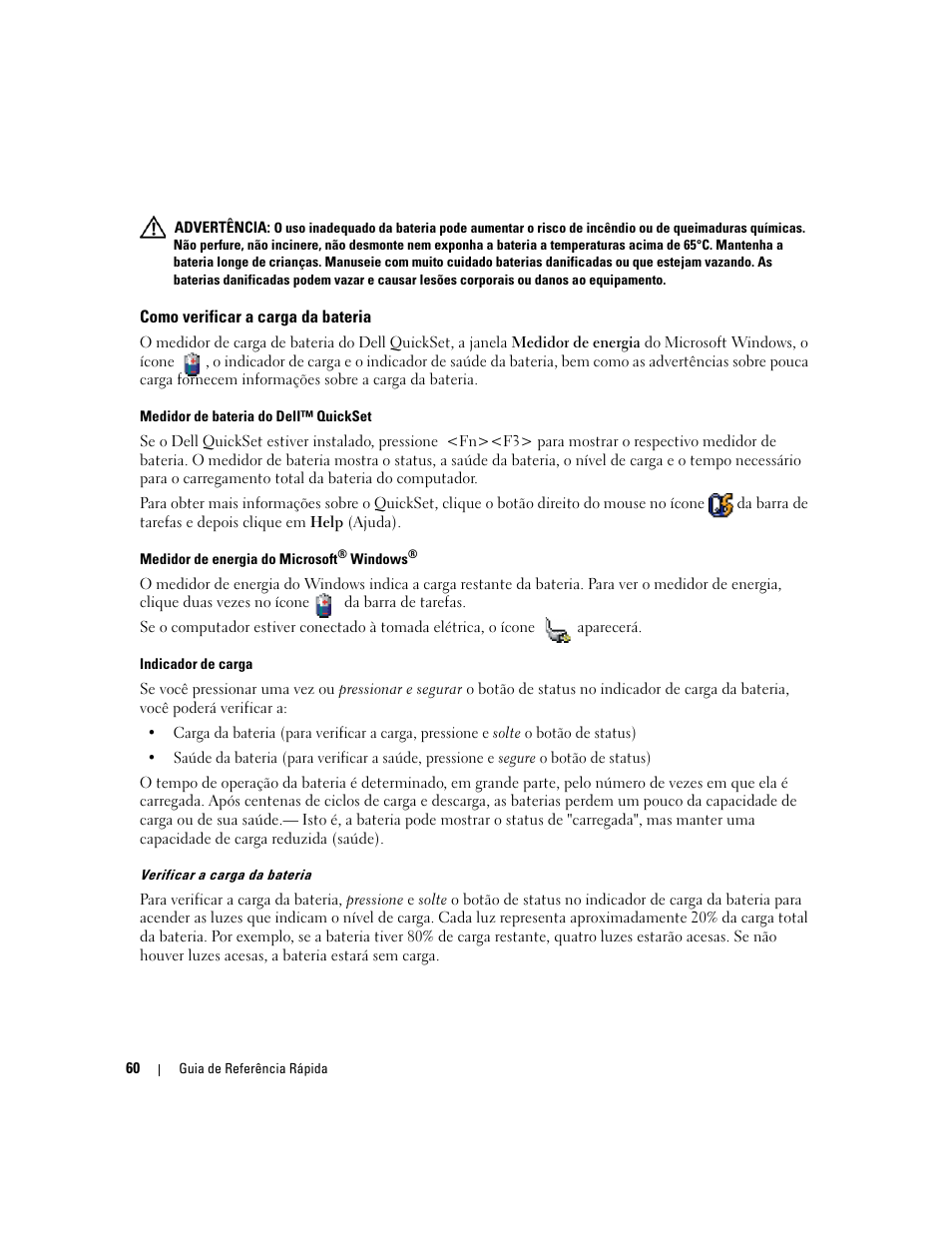 Como verificar a carga da bateria | Dell Latitude D820 User Manual | Page 60 / 94